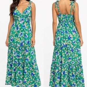 Elegant Floral Blue and Green Maxi Dress